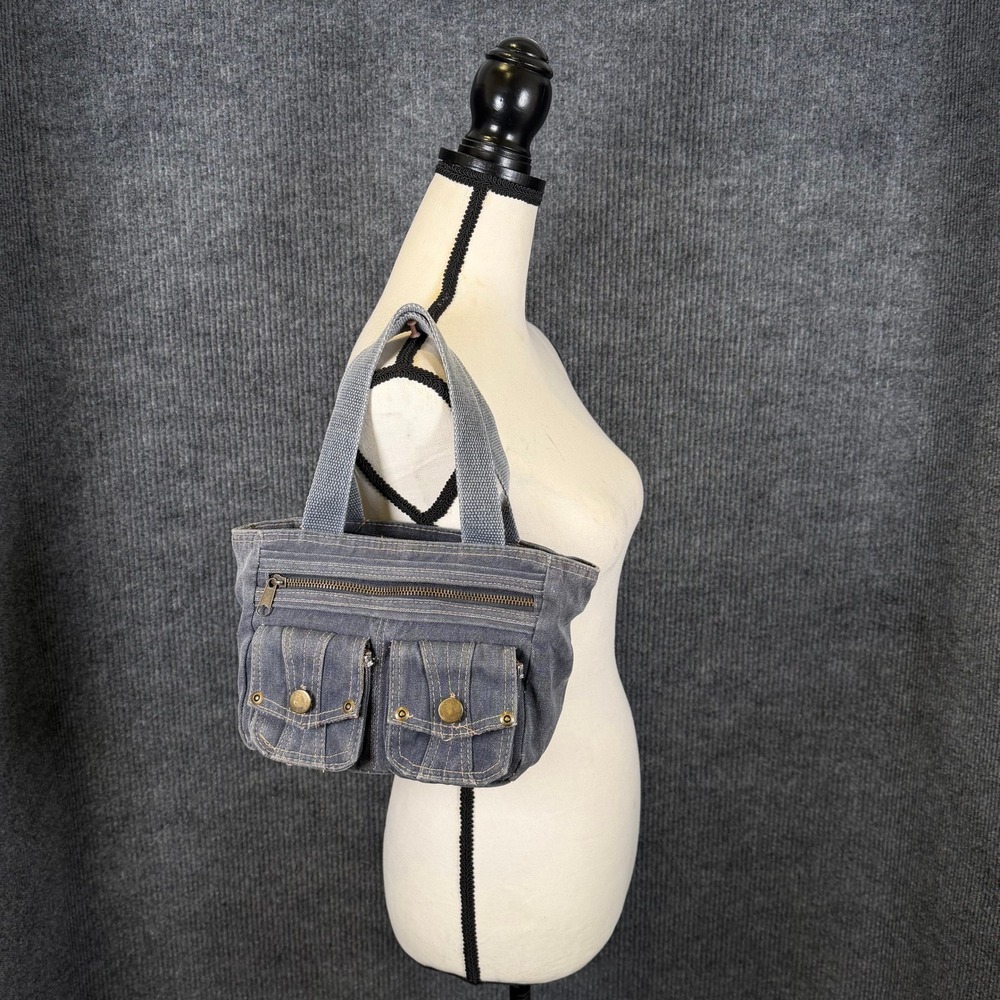 Y2K Gray Denim Mini Utility Tote Bag Cargo Pocket Workwear Grunge Purse